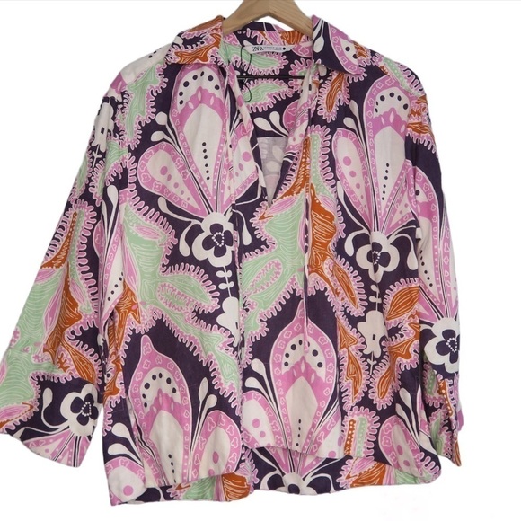 Zara Linen Paisley Top Long Sleeve Boho Cover Up Floral Retro Spring Pink - Picture 2 of 11